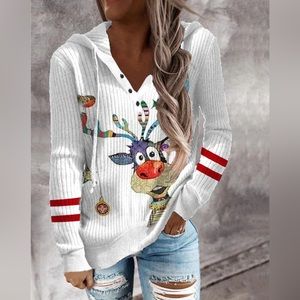 💖Colorful Reindeer Long Sleeve Ribbed Henley Hoodie | Women’s Hoodie Top size S